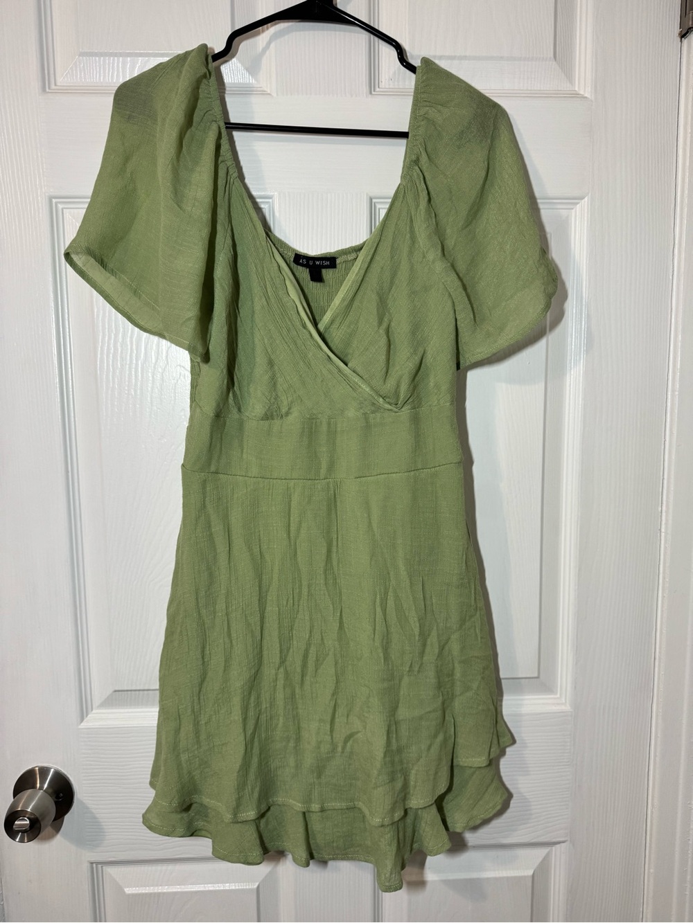As U Wish Light Sage Green Wrap-Style Mini Dress
